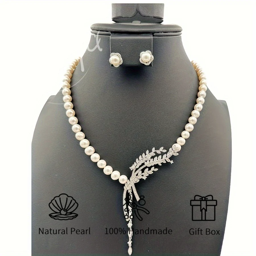

MYSOYA 7-8mm Freshwater Pearl Necklace Precision Set Zircon Wheat Earrings Unisex Jewelry Gift Box Perfect For Wedding Birthday