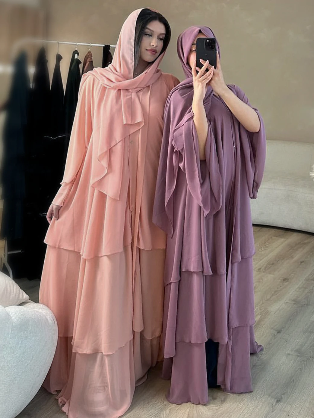 Eid Muslim Abaya for Women Chiffon 3 Layers Cake Party Cardigan Robe Jalabiya Dresses Ramadan Morocco Abayas Kaftan Vestidos