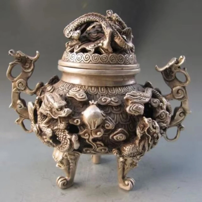 

Elaborate Ancient Chinese Old-style Tibetan Silver Dragon Statue Incense Burner with QianLong Mark