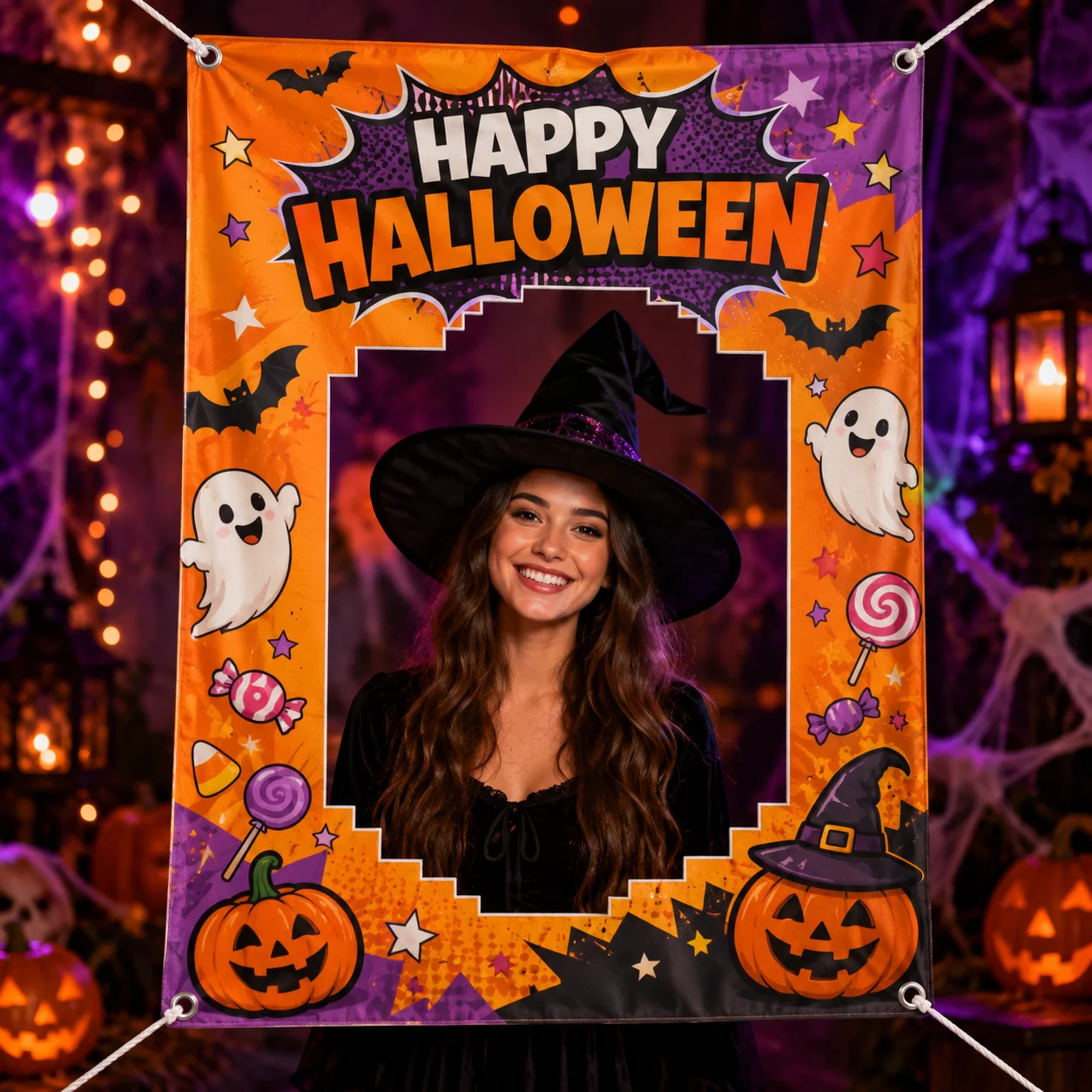 Custom Photo Booth Frame Backdrop Personalized Text Fabric Selfie Frame Banner With Rope Hole For Holiday Party Photo Prop Decor
