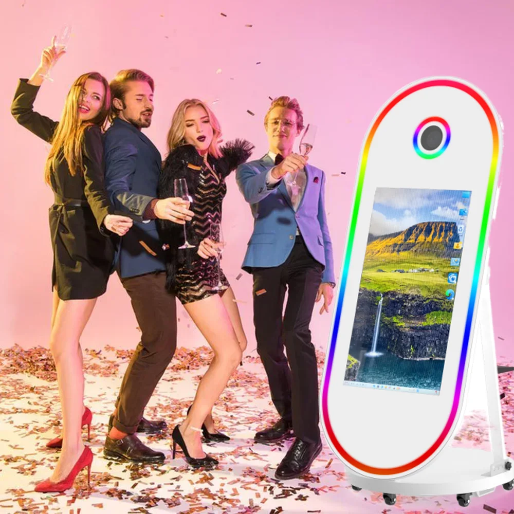 

60 inch imitation wood grain foot magic mirror photo booth 30 inch touch screen magic mirror built-in mini computer flight case