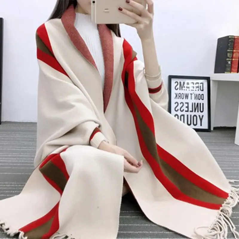 Mid-Length Korean Sweater for Women Trendy Loose Knitted Cardigan Batwing Shirt Thickened Cape Inverness Autumn New