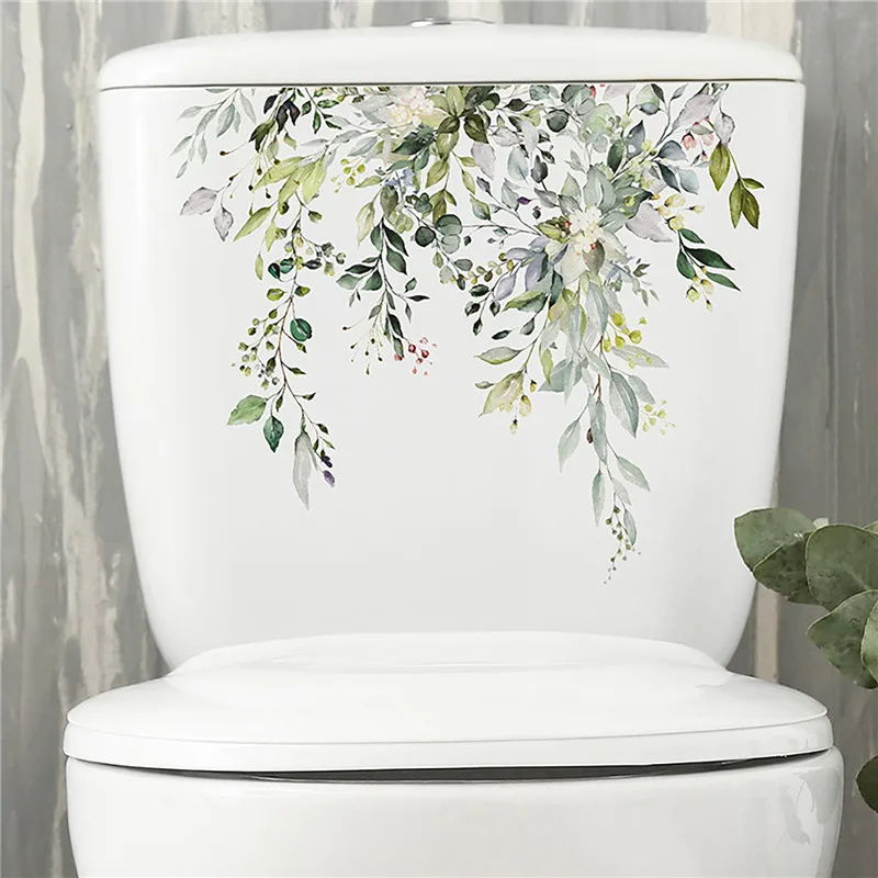 Green Plant Leaves Wall Sticker Bathroom Toilet Sticker WC Self Adhesive Mural Beautify Flower Home Decoration Decals