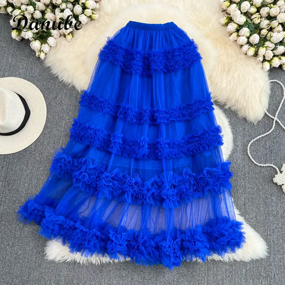 Elegant Ruffled Tulle Tutu Skirts Women Summer Vintage Multilayer High Waist A-line Mesh Cake Long Skirts Lady Aesthetic Faldas