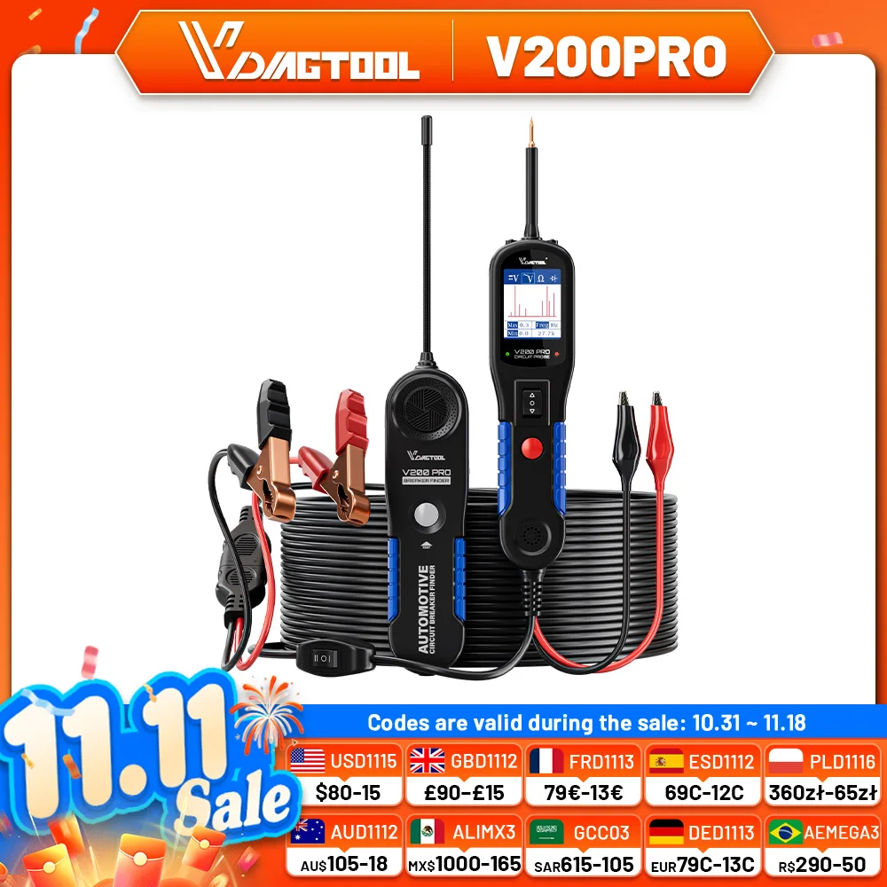 VDIAGTOOL V200PRO 12V/ 24V Car Power Circuit Probe Tool Automotive Broken Wire Detector Auto Electrical Circuit Tester DC/AC Vol