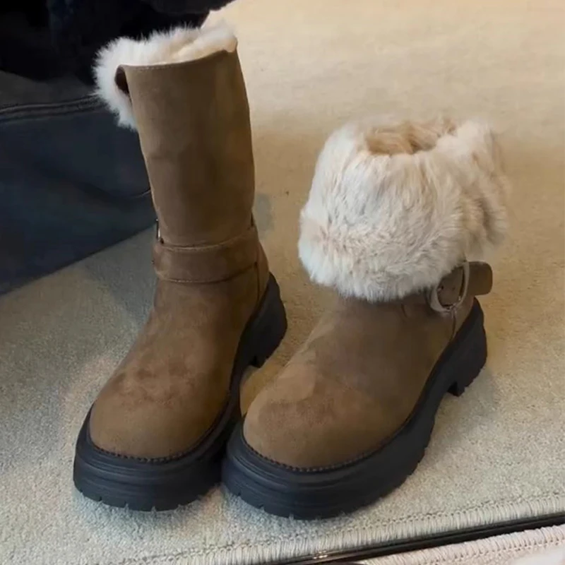 

Fur Women's Ankle Shoes Flats Platform Suede Warm Shoes Fashion 2025 Winter Cotton Boots Designer Sport Snow Botas Para Mujer