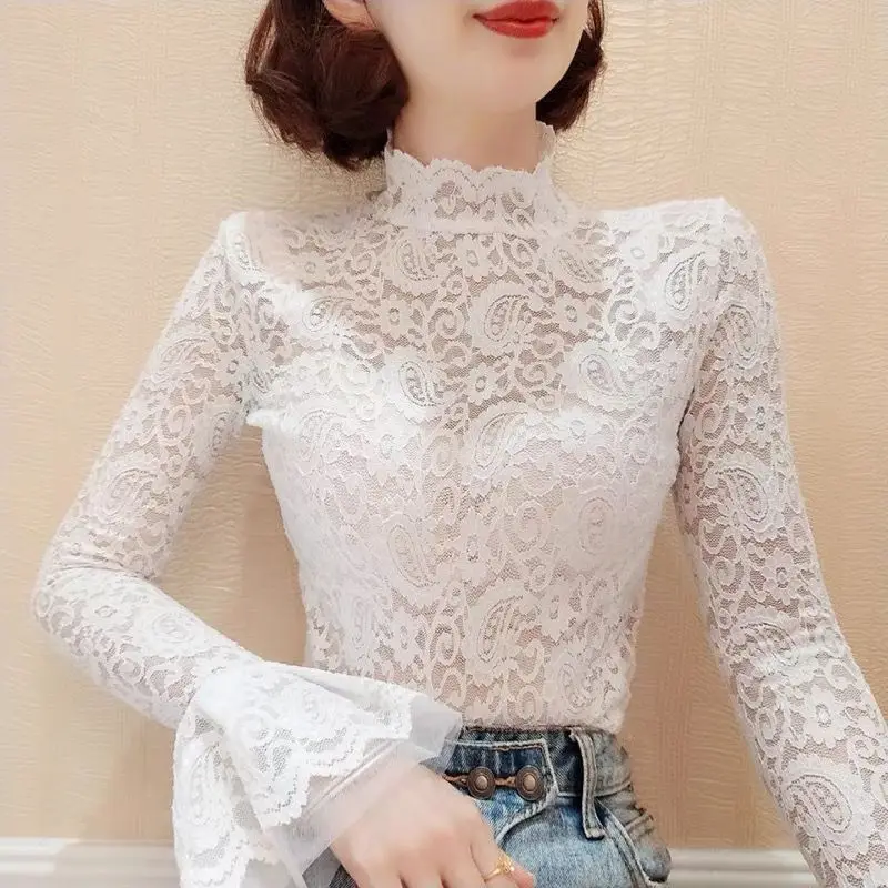 

Lined Lace Base Shirt Women's New Style Mesh Lace Trim High Collar Sleeveless Tight Sexy Versatile Top TT718