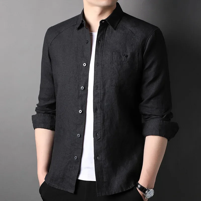 Spring Summer 2025 new high-quality men's fashion handsome casual business V-neck shirt fabric composition Linen 100%