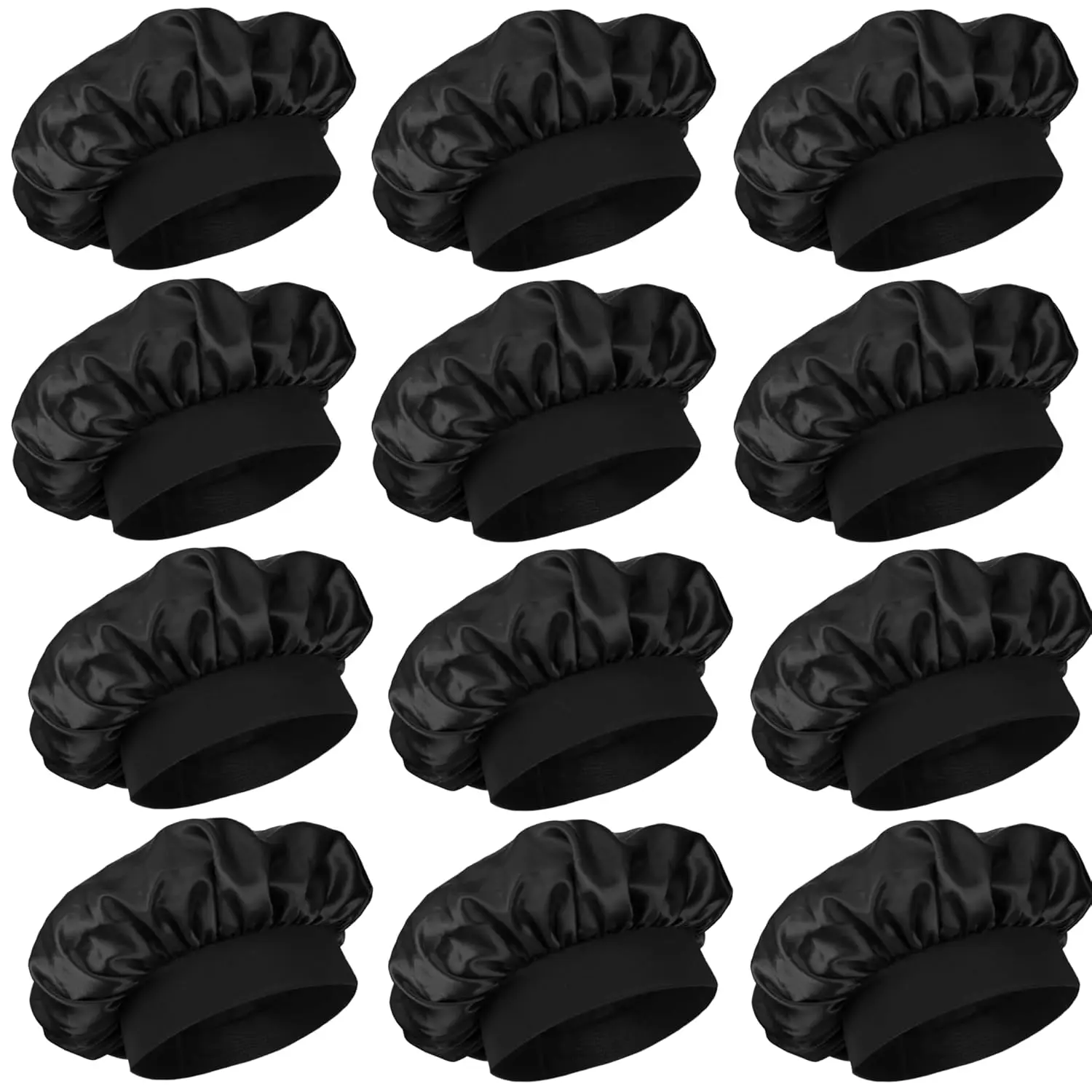

Набор из 12 шелковых боннетов для женщин, атласные шапочки для сна с завязками для кудрявых волос (черные)