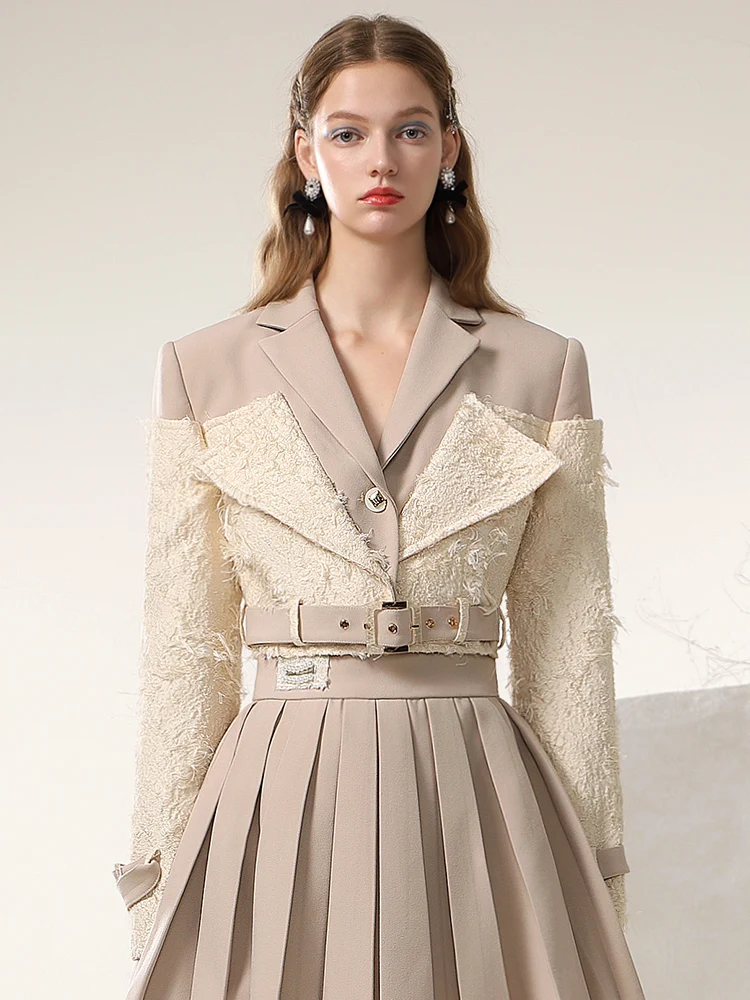 LEOSOXS Luxury Sweet Style Women Suit gonne 2024 autunno New Stitching Belt cappotto corto che dimagrisce pantaloni gonna a pieghe a vita alta