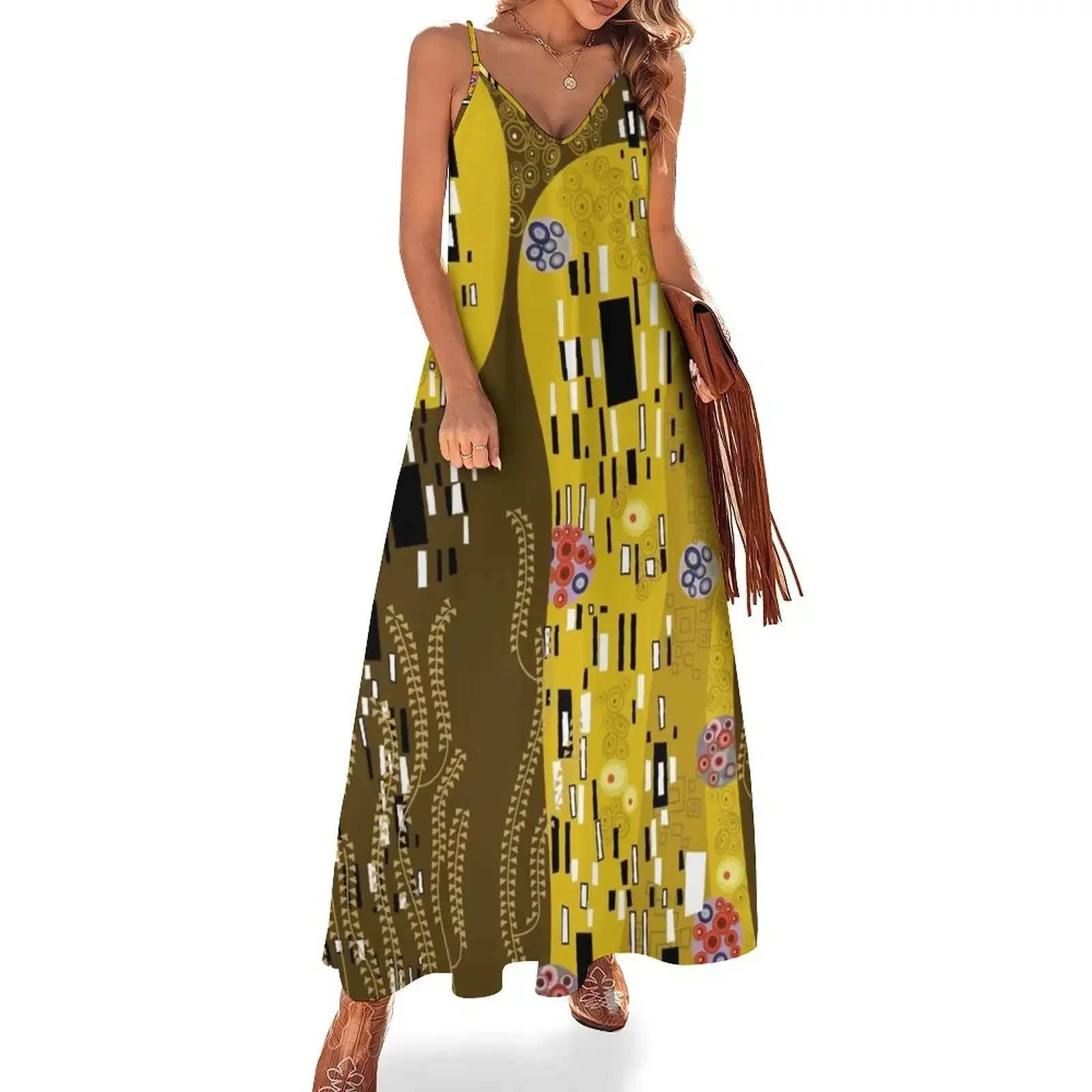 Klimt Art Nouveau Golden Art (Pattern Only) | 'The Kiss' Inspired ? fatfatin Sleeveless Dress summer women's suit Dress