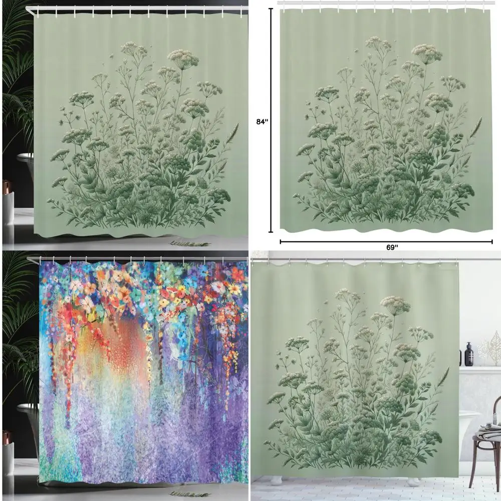 

Богемная шикарная зеленая занавеска для душа: смесь полевых цветов с лесными хуями для городского стиля джунглей