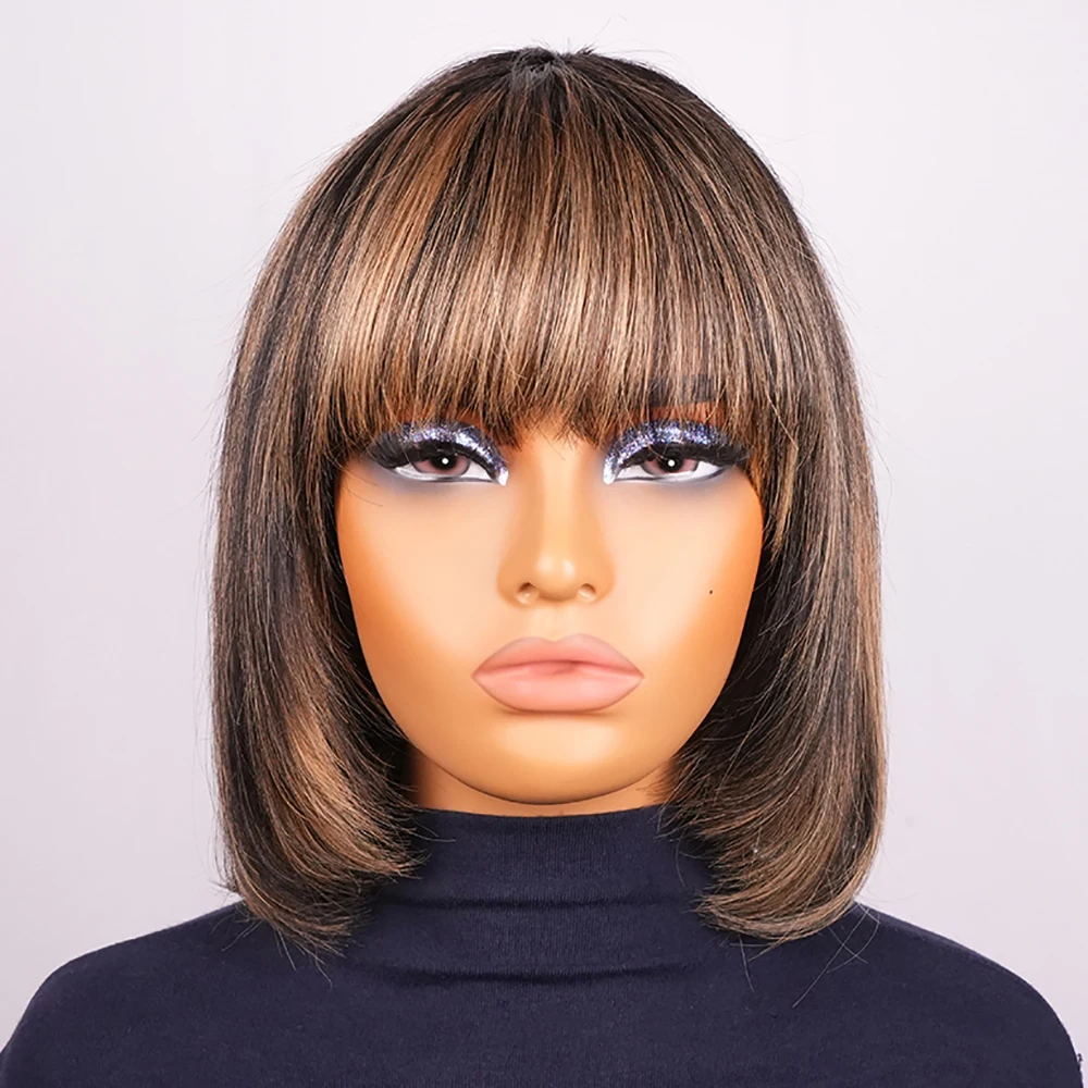 

Парик Боб из человеческих волос 100% бесклеевой парик с бахромой, человеческие волосы с челкой, мелированный парик, готовые к ношению, прямые парики из человеческих волос