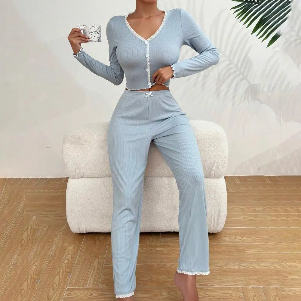 

High-quality Women Pajamas Womens Lace Trim Ribbed Knit Pajamas Set Long Sleeve Crop Top Wide Leg Pants Lounge Set Sleepwear 80%