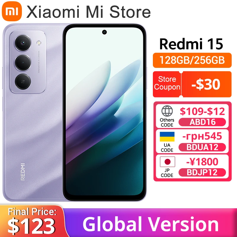 Global Version Redmi 15 Smartphone Snapdragon® 685 Mobile Platform 6.9" Up to 144Hz 50MP 33W fast charging 7000mAh battery IP64