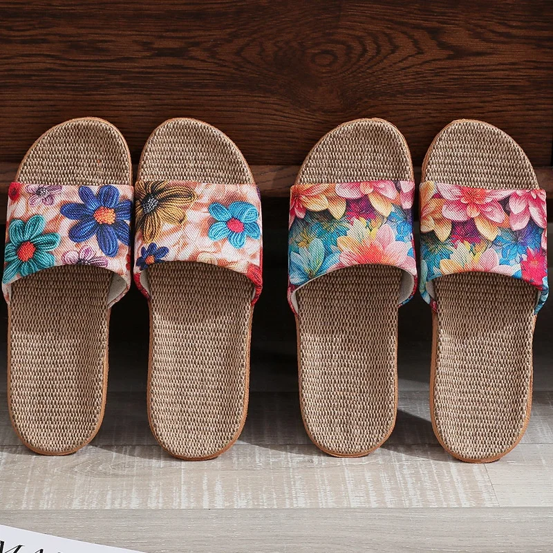 

Новое поступление лета, льняные тапочки с принтом, противоскользящие дышащие удобные женские домашние и уличные сандалии с мягкой подошвой и цветочным узором