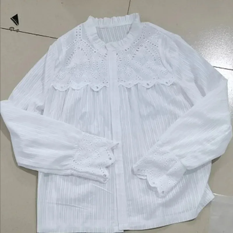 Casual Patchwork Lace Shirt, Long Sleeve, Stand Collar, White Blouse, Single Breasted, Hollow Tops, Elegant, Fashion 29363