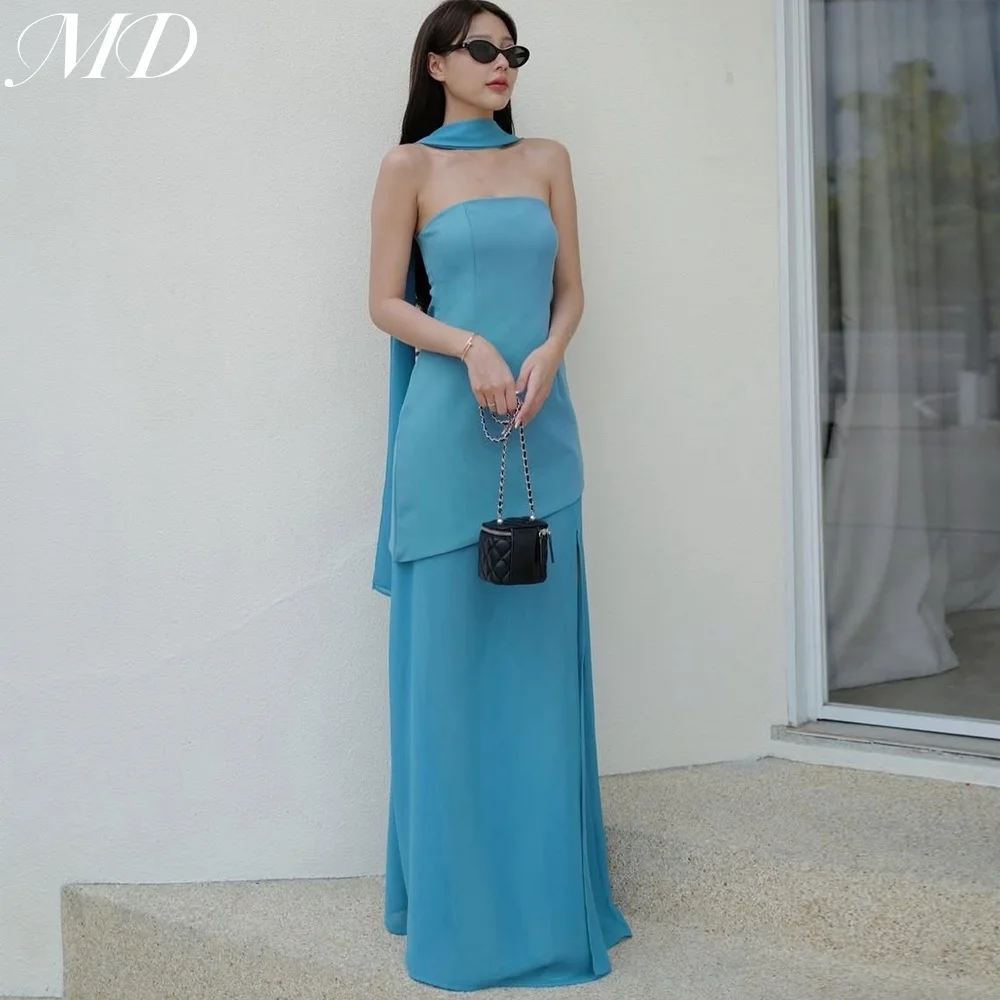 

MD Elegant Mermaid Evening Gown Saudi Arabic Sleeveless Scarf Chiffon Side Slit Prom Gown فساتين سهرة customised 2025