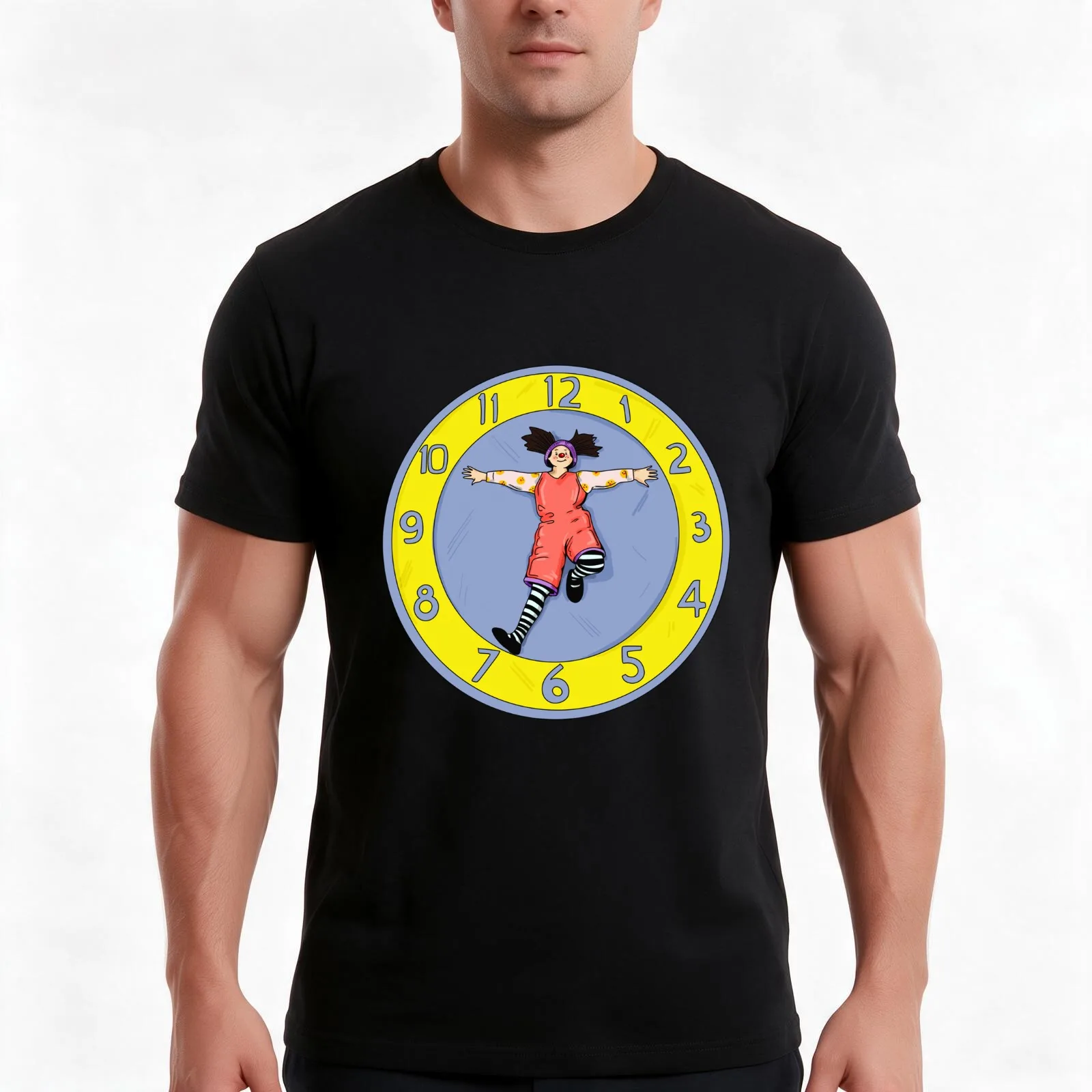 Clock stretch T-Shirt, Summer Casual Cotton Tee, Oversized Streetwear Tops, Vintage Graphic Print, Loose Fit Short Sleeve