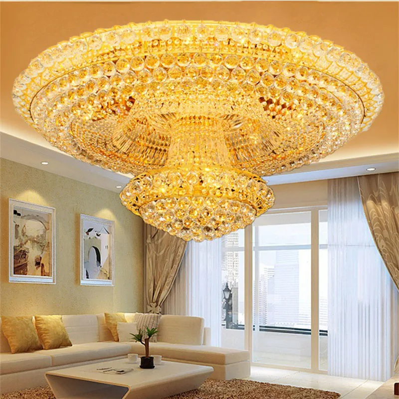 Continental circular golden Living Room Crystal round LED Chandelier Hall Suspend Ceiling Lamp Remote Control Hotel Headlight