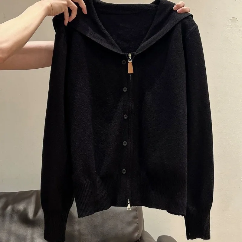 Women Elegant Shawl Collar Knit Cardigan Autumn Double Zipper Slim Design Sweater