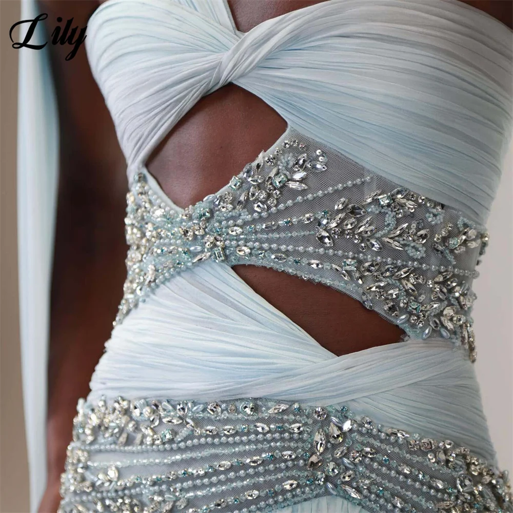Lily Light Sky Blue Party Dress One Shoulder Chiffon Evening Dress Cutout Waist فستان سهرة Crystal Beaded Prom Gown Customized