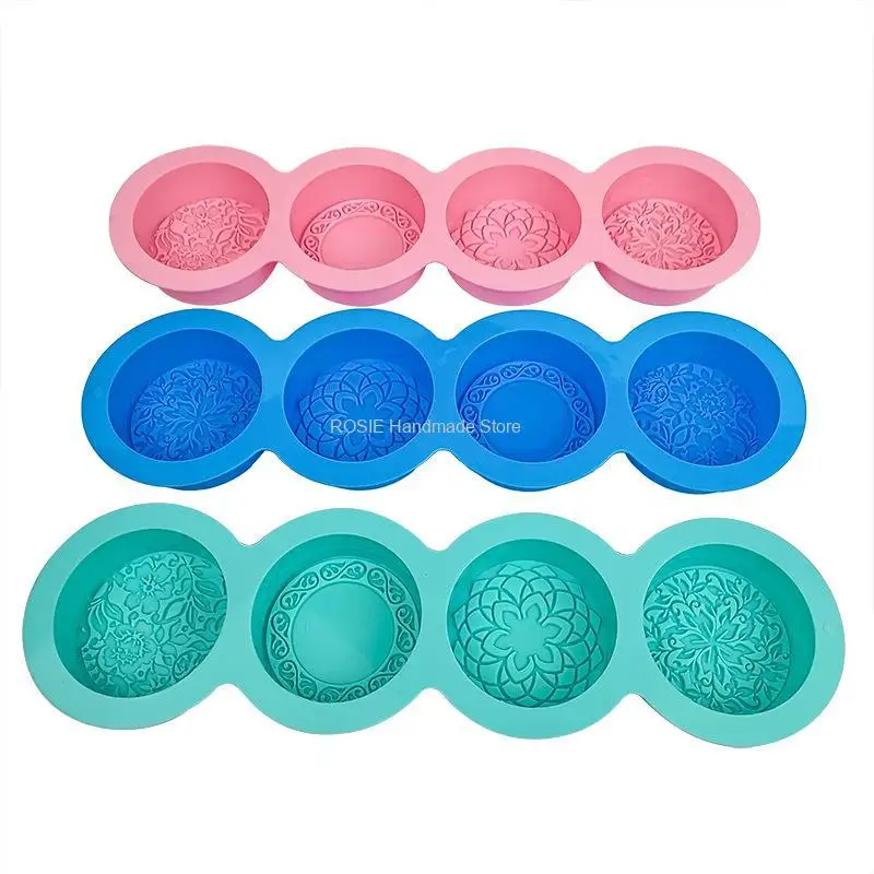 3D Handmade Silicone Soap Molds 4 Flower Types Bar Making Mould Tools Handmade DIY Circular Shape Soaps Resin Craft