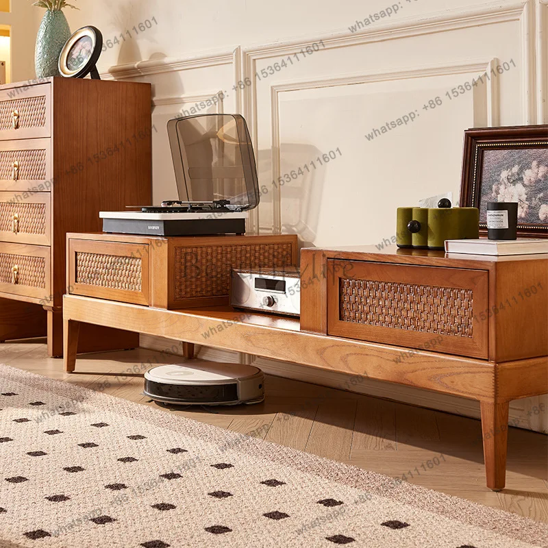 yj58 Wabi Stillwind rattan solid wood TV cabinet drawer corner small apartment retro locker