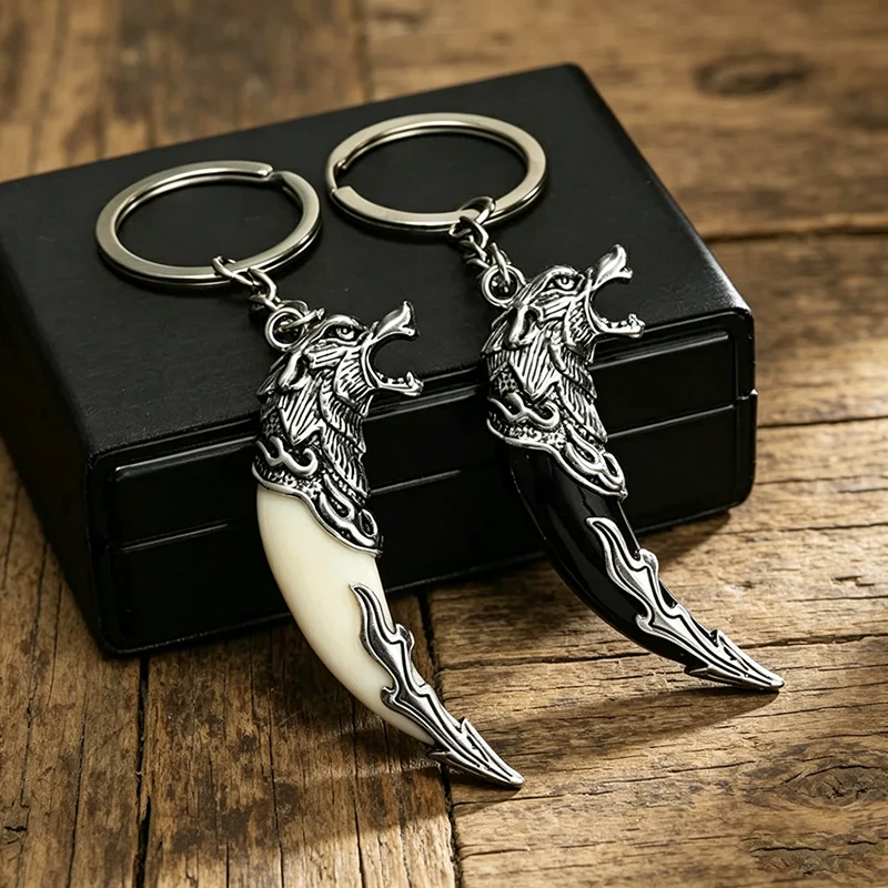 Llavero Vintage con Colmillo de Lobo Vikingo, Llavero Gótico de Metal con Cabeza de Lobo para Hombre, Colgante Tribal con Imitación de Colmillo, Decoración Punk para Coche o Bolso