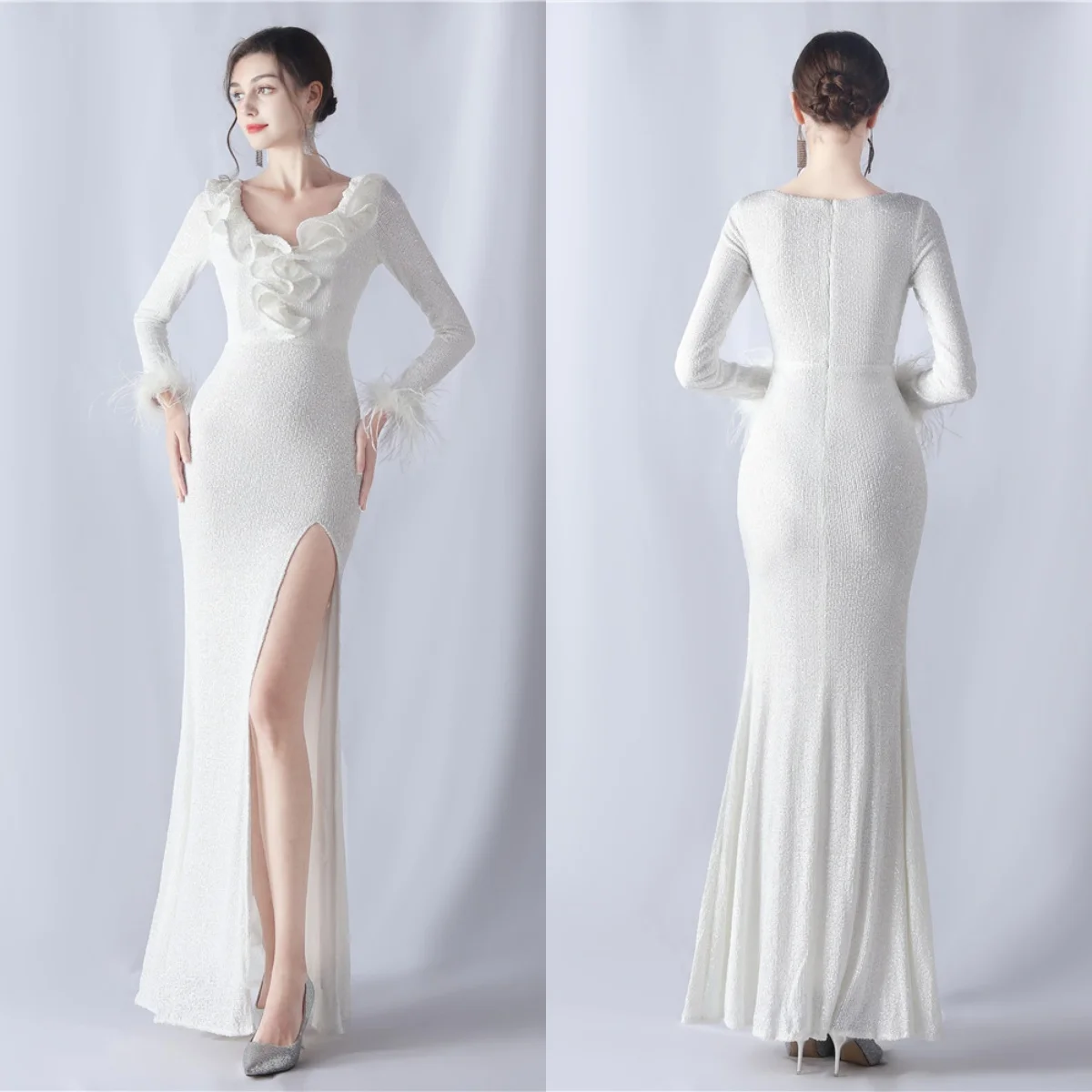 

Evening Dresses White Sequins Stretchy V-neck Ruffles Full Sleeves Feather Zipper Mermaid Floor Length Women Party Formal Gowns