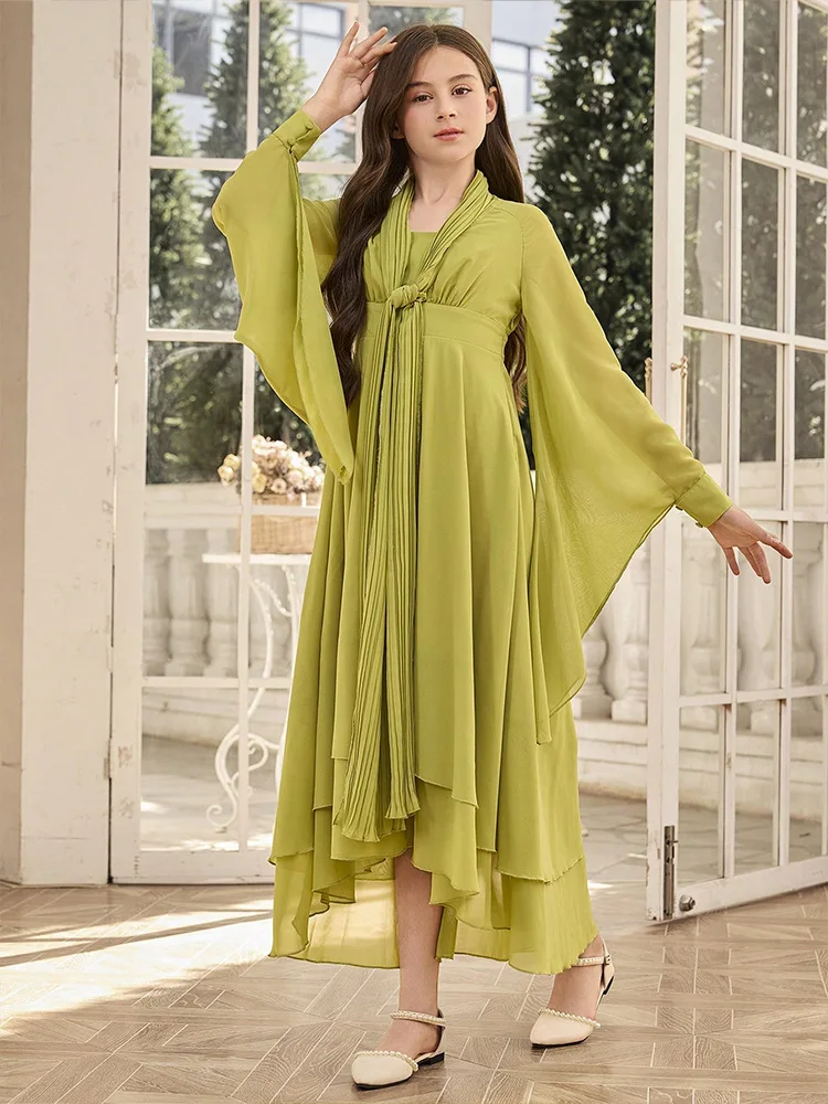 Arab Chiffon Dress Fashion Elegant Middle East Party Girl Children's Dresses Ramadan Dubai Abaya Turkey Kaftan Eid Djellaba Robe