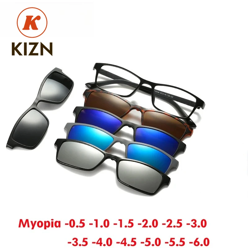 

KIZN Sports Small Square Myopia Sunglasses Magnet Clips Men Women Polarized Glasses 6 In 1 Custom Prescription Drive Eyewear -0