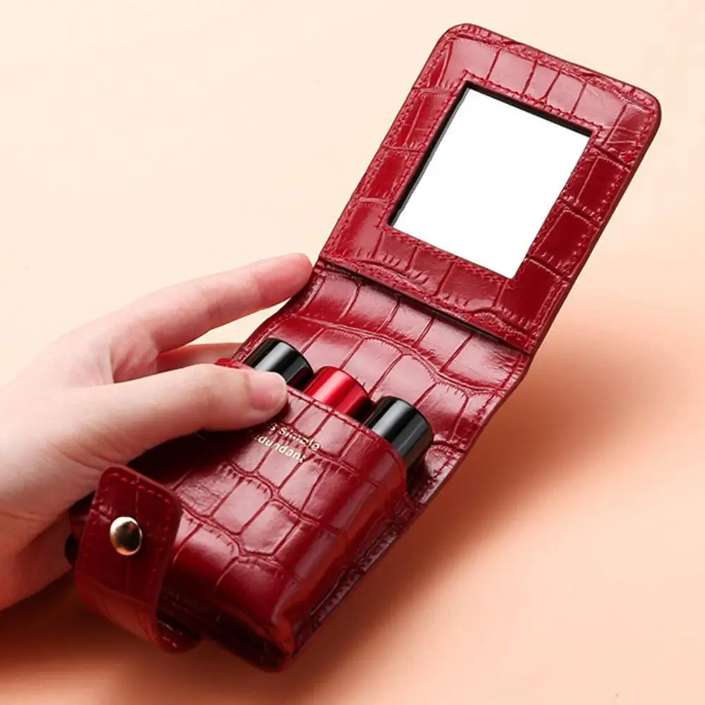 PU Lipstick Case Holder with Mirror Lipstick Holder Makeup Travel Cases Organizer Bag Mini Handheld Lipstick Pouch for Women