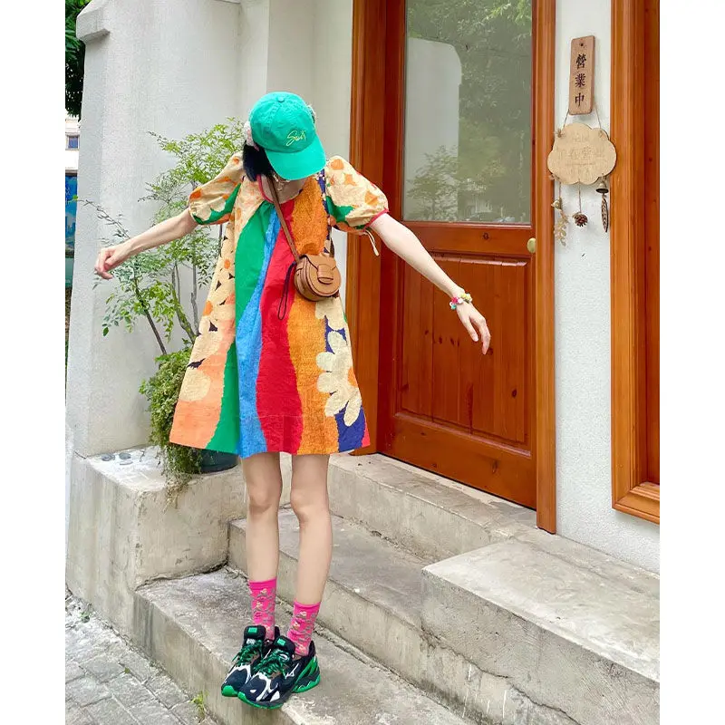 

Pastoral Dress Women's 2025 Summer Bubble Sleeve Rainbow Print Skirt