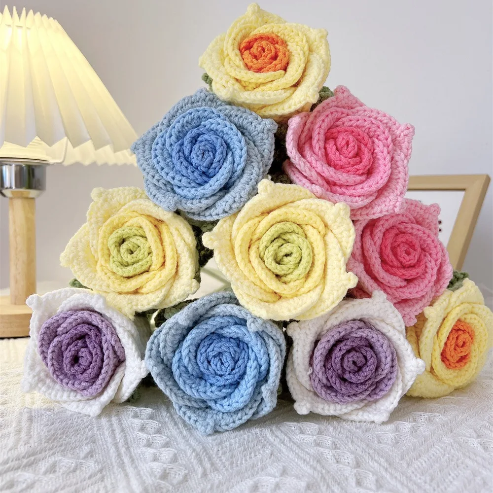 Fatto a mano thailandia Rose Flower Branch Bouquet Flower Wool Crochet Flower Bouquet regalo per la casa vaso decorazione di nozze all'ingrosso