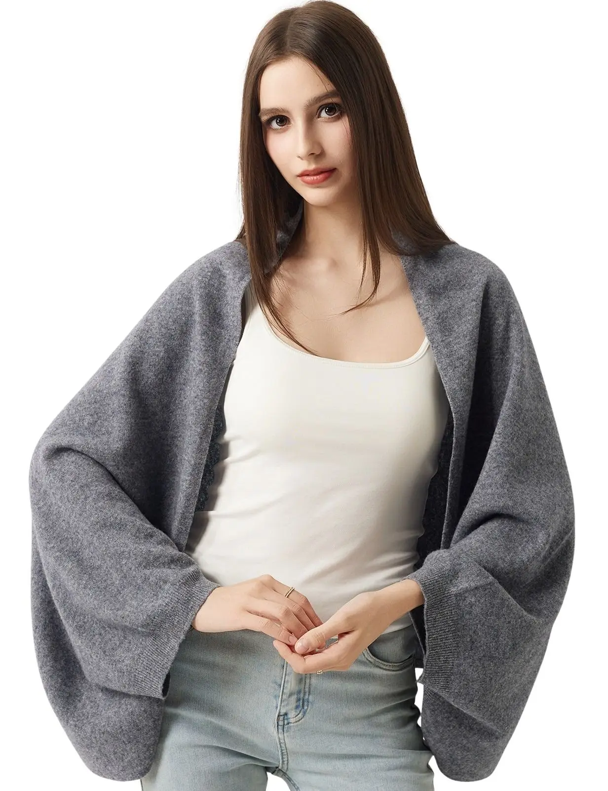 LONGMING 100% Merino Wool Knit Scarf Shawl with Sleeves for Women Soft Warm Wrap Shoulder Wrap Cover for Fall Winter Knit Cape