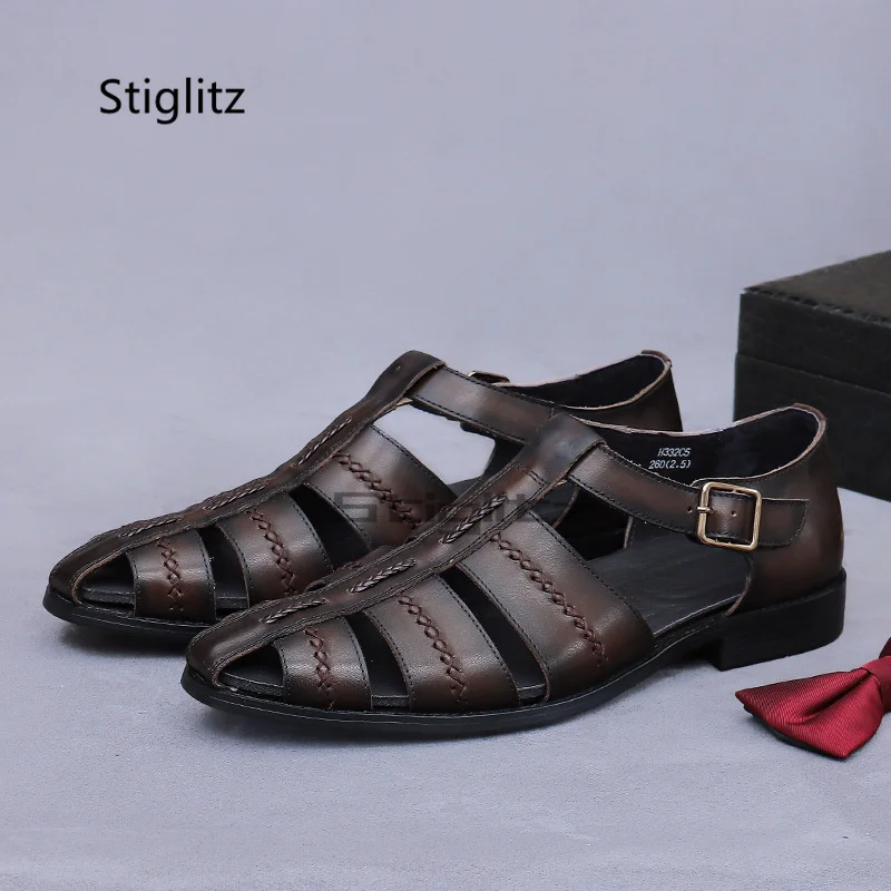 

Men's Genuine Leather Roman Sandals Summer Cowhide Buckle Hollow Outside Business Casual Comfortable Breathtable Beach Shoes