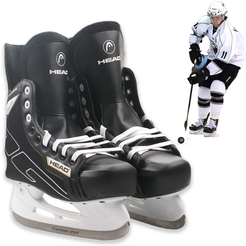 2024 NEW Black Leather Winter Ice Hockey Skates Shoes Professional PU Thermal Thicken Ice Skating Blade Shoe for Adults Kids