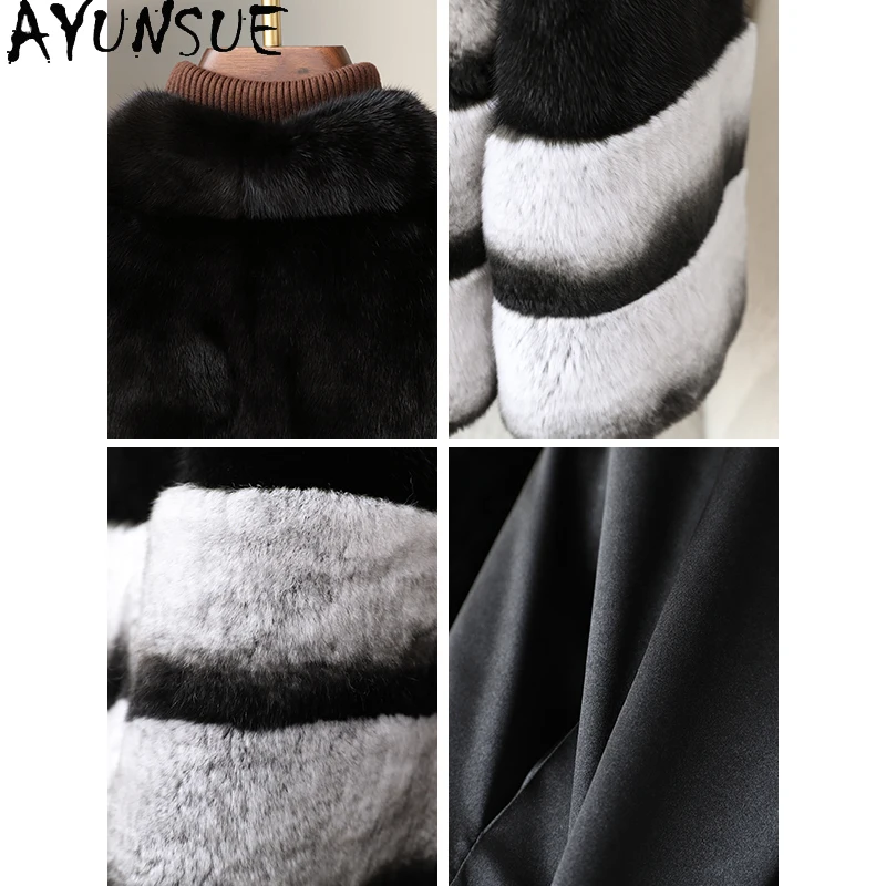 AYUNSUE معطف فرو المنك الطبيعي للمرأة ريكس الأرنب الفراء معاطف فرو المنك الكامل 2025 معطف أنيق جديد ملابس امرأة Fourrures فام