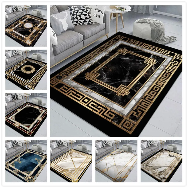 Black Gold Classical Carpets for Living Room Non Slip Soft Sofa Coffee Table Area Decor Rug Washable Bedroom Kitchen Floor Mat