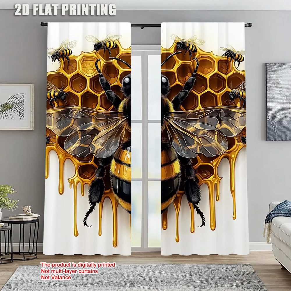 

2pc, Window Curtains Bee and Honeycomb Machine Washable Polyester,Without Electricity Party Decorations Perfect for