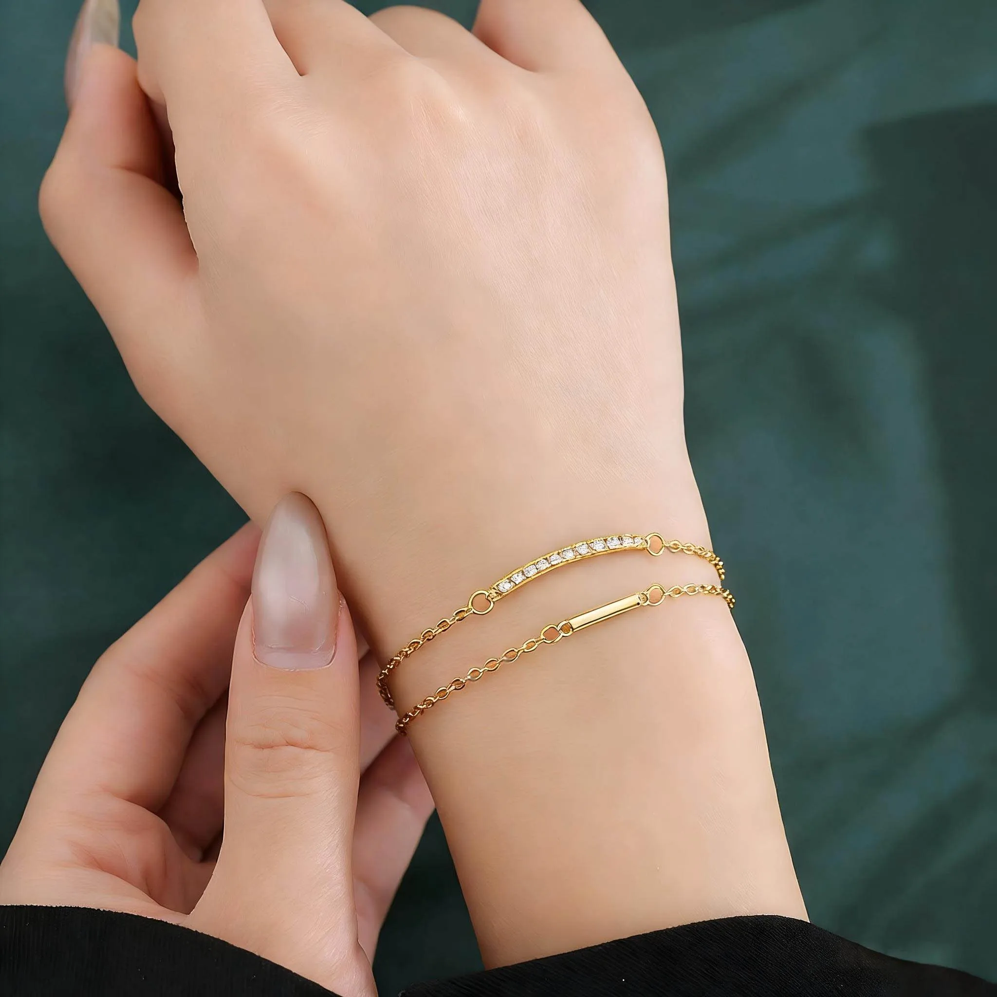 

Fashion Women's Bracelet, Double Layer Gold Plated Cubic Zirconia Pave Bar Bracelet, Adjustable Link Chain Elegant Jewelry