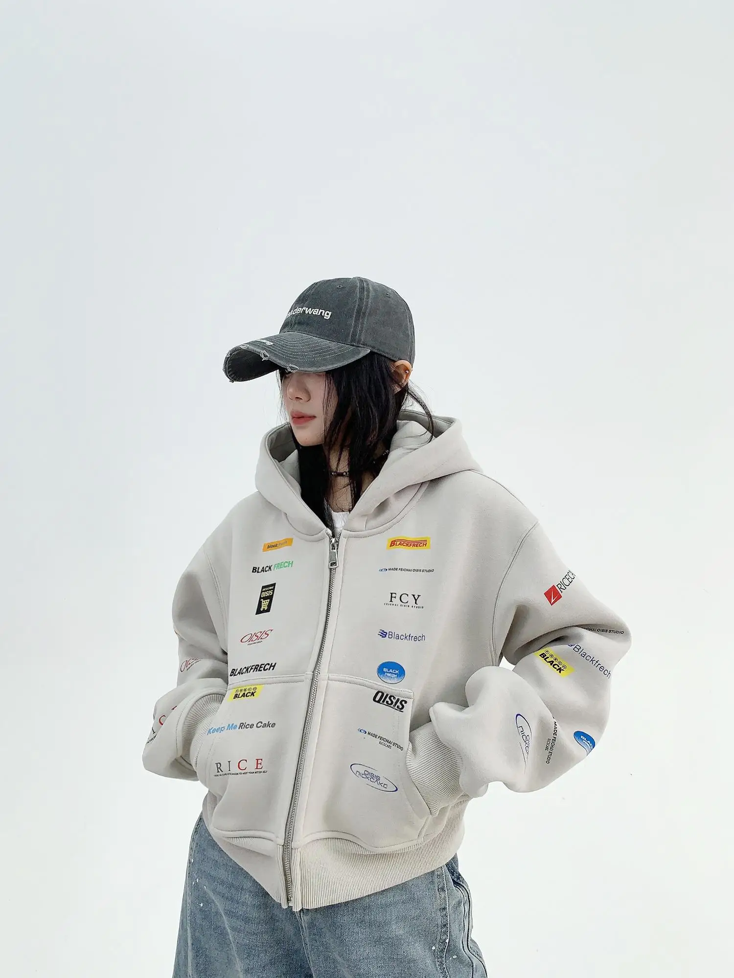 

Oisis Chic American Sle Heavy Work ort Hooded Jaet Women's Loose Retro Thiened Jaet Trendy Cotton Zipper Sve