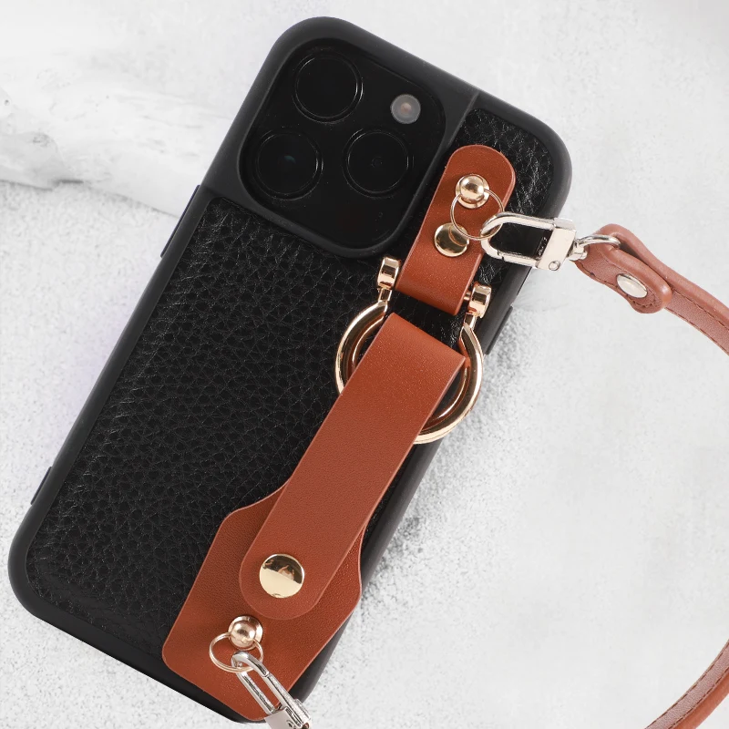 Stylish iPhone Case with Wrist Band Chain Luxury Leather Protector for iphone 13 14 15 Pro Max Shockproof Back Phone