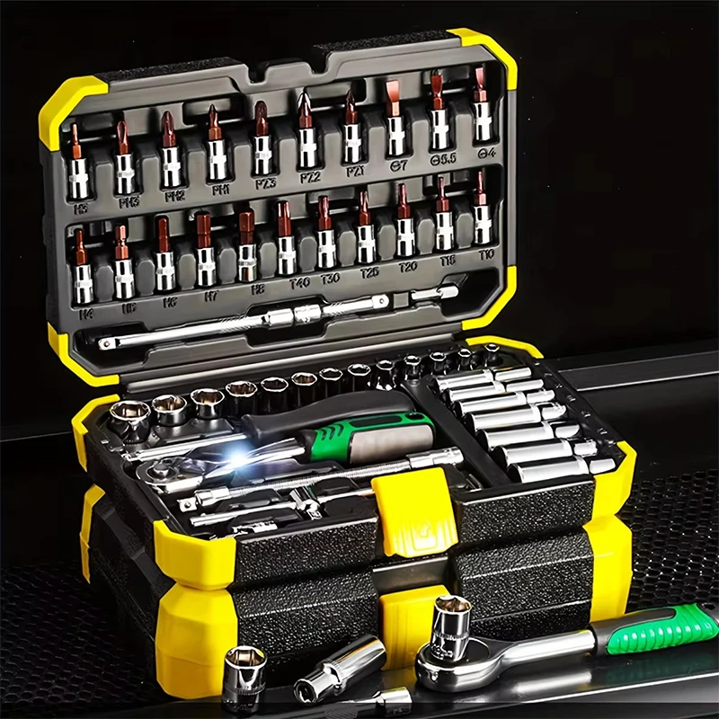 

53 PCS Set of 1/4 Inch Socket Ratchet Wrench Set, Socket Drill Bit Extension Rod Automotive Repair with Case Car Repair Househol