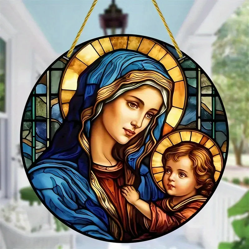 Acrylic Painting Sacred Virgin Mary and Child Jesus with Golden Halos Stained Glass Style Round Wall Decor, 2D Flat Printing Rel