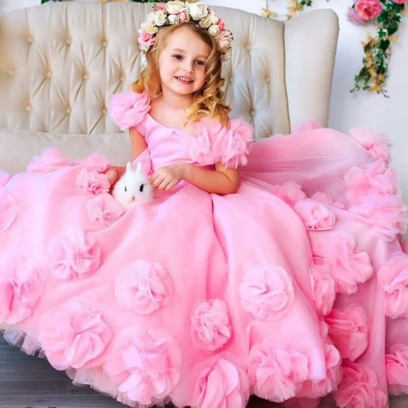 Rosa tule vestidos para meninas, rosa tule vestidos com flores 3d, alto e baixo v pescoço, sem mangas, para o casamento, aniversário, banquete