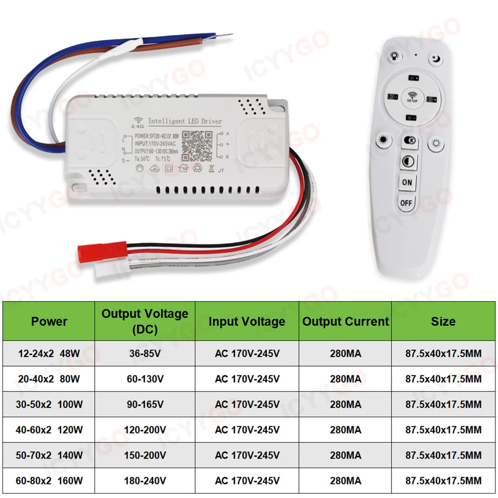 محول إضاءة LED 2.4G 40-60WW 60-80W بجهاز تحكم عن بعد + تطبيق لمصباح أمامي ثنائي اللون DIY مع محرك LED للمصباح الأمامي