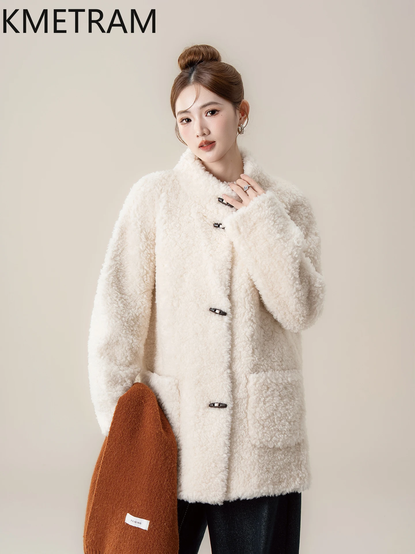 KMETRAM 100% Naturalna Wełna Swobodny Krój Guziki z Rogu Futro na Zewnątrz Średniej Długości Nowy Model Jesień-Zima 2025 куртка зимняя женская