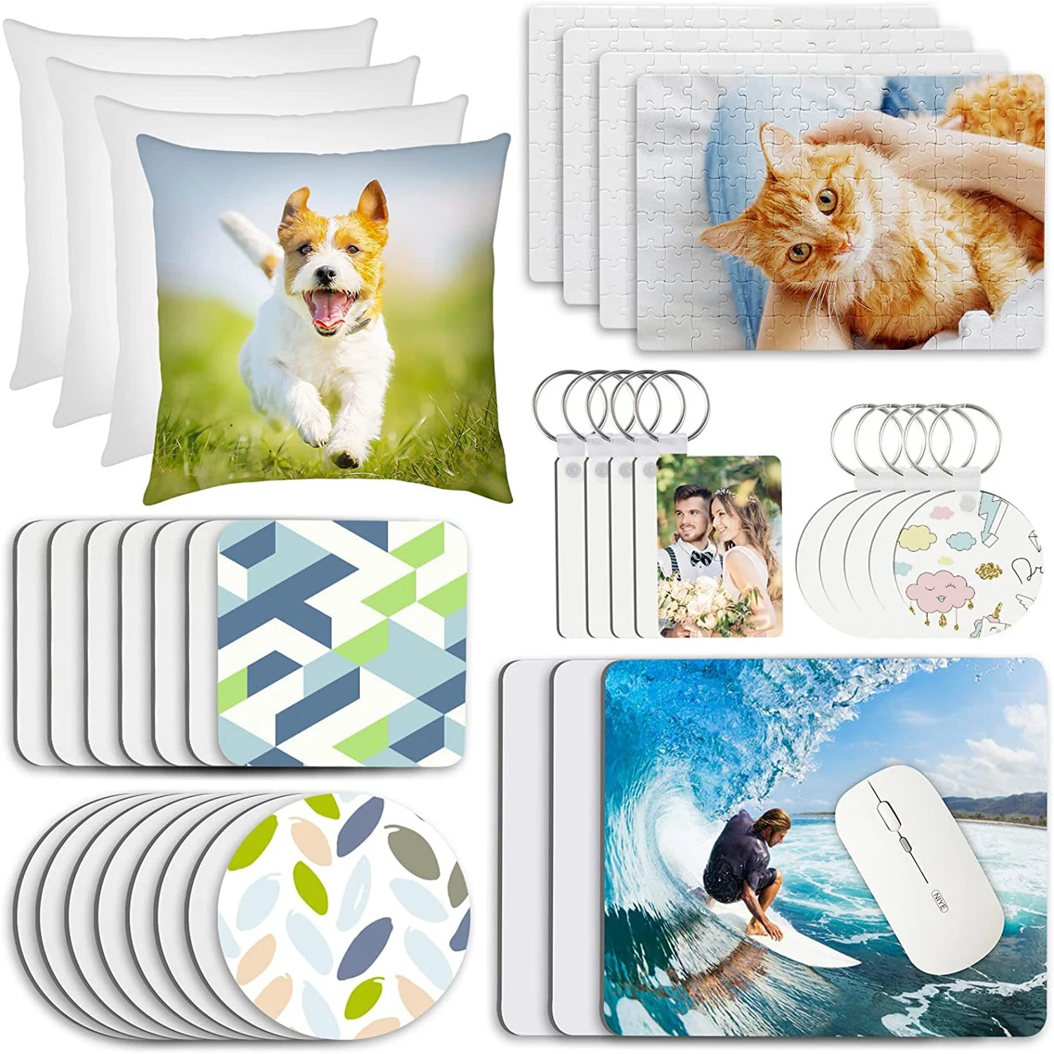 Sublimation Blanks Products Set DIY Pillow Cases Puzzles Mouse Pads Coasters Keychain for Heat Press Thermal Transfer Printing